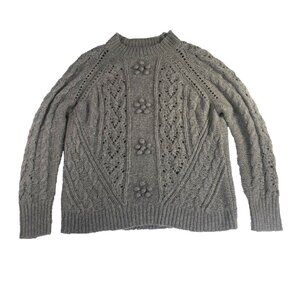 J. Crew Chunky Cable Knit Pointelle Grey Women's M Sweater Flowers Alpaca Wool